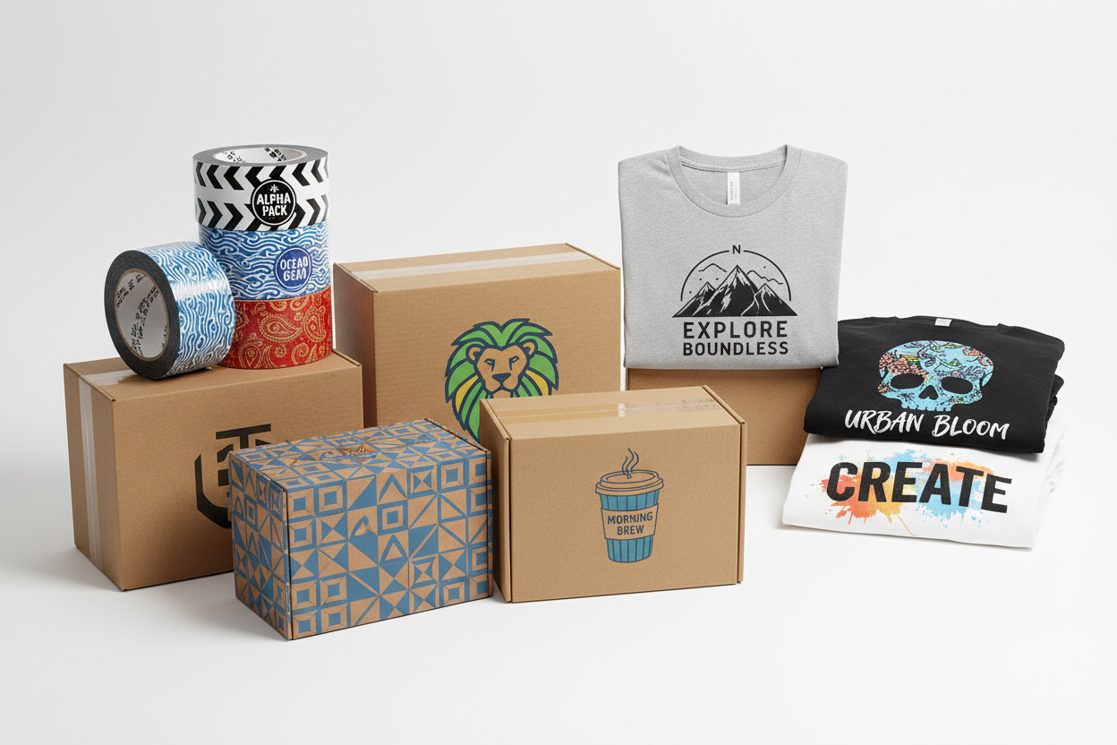 custom boxes, printed tapes, printed t shirts