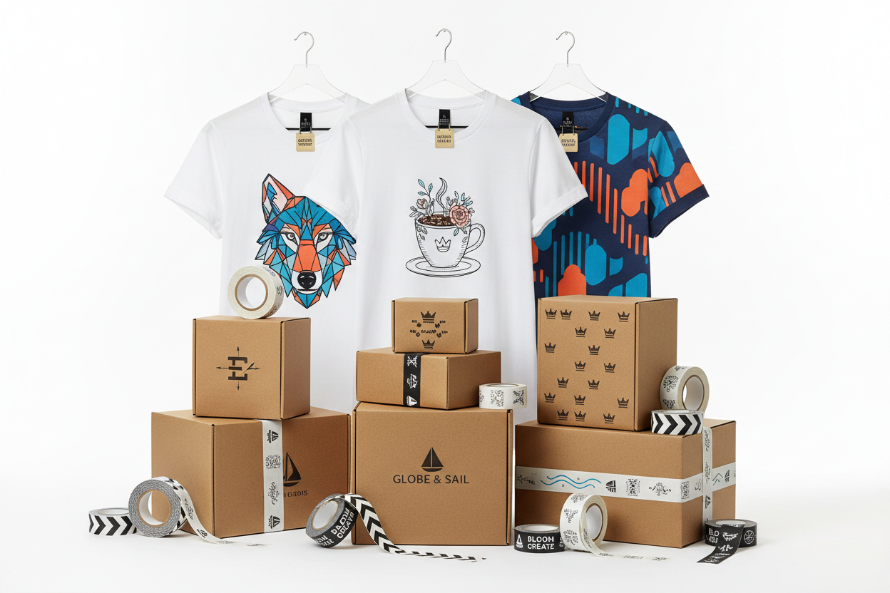 kakovostni izdelki, custom made tiskane majice, škatle in lepilni trakovi